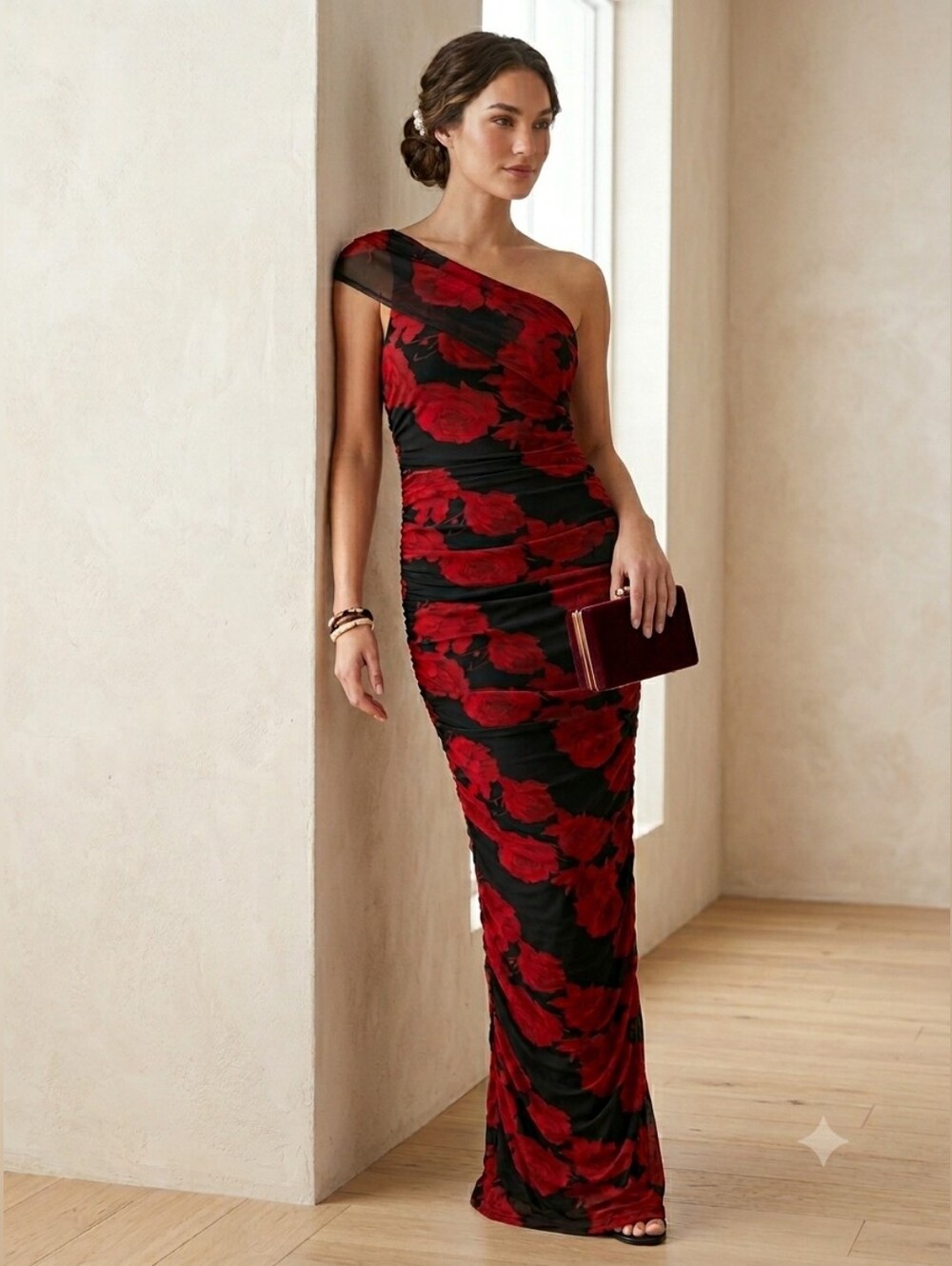 Fashion Nova Romantic Rose Floral One Shoulder Mesh Maxi Dress Small